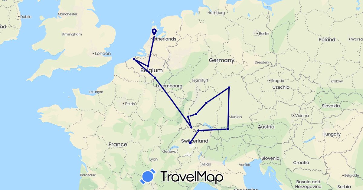 TravelMap itinerary: driving in Belgium, Switzerland, Germany, Netherlands (Europe)