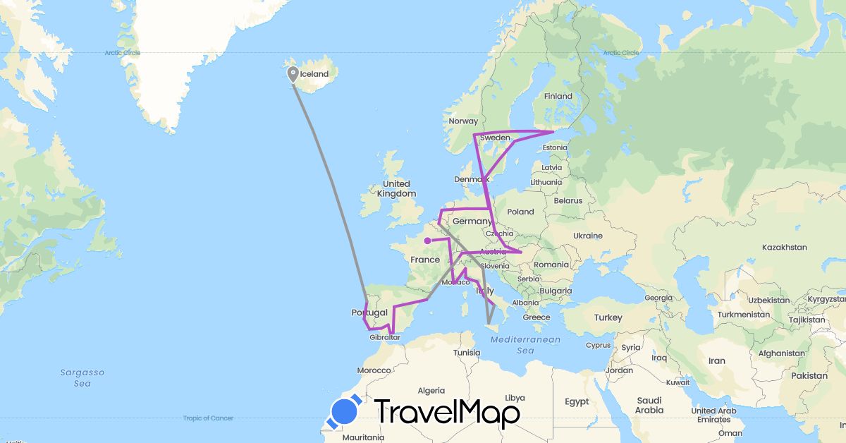 TravelMap itinerary: driving, plane, train in Austria, Belgium, Switzerland, Czech Republic, Germany, Denmark, Spain, Finland, France, Hungary, Iceland, Italy, Monaco, Netherlands, Norway, Portugal, Sweden (Europe)