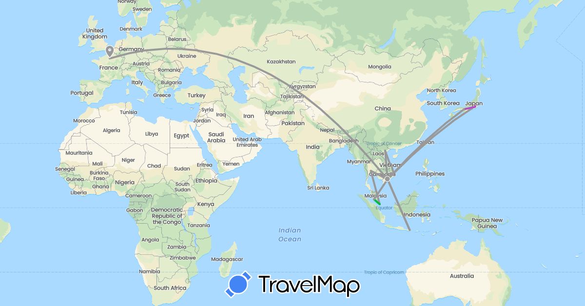 TravelMap itinerary: driving, bus, plane, train in France, Indonesia, Japan, Cambodia, Malaysia, Singapore, Thailand, Vietnam (Asia, Europe)
